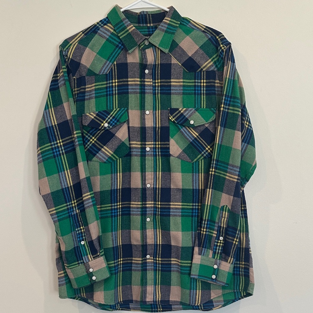 Mens Vibrant Green and Blue Plaid Western Pearl Snap Flannel Shirt - Medium
